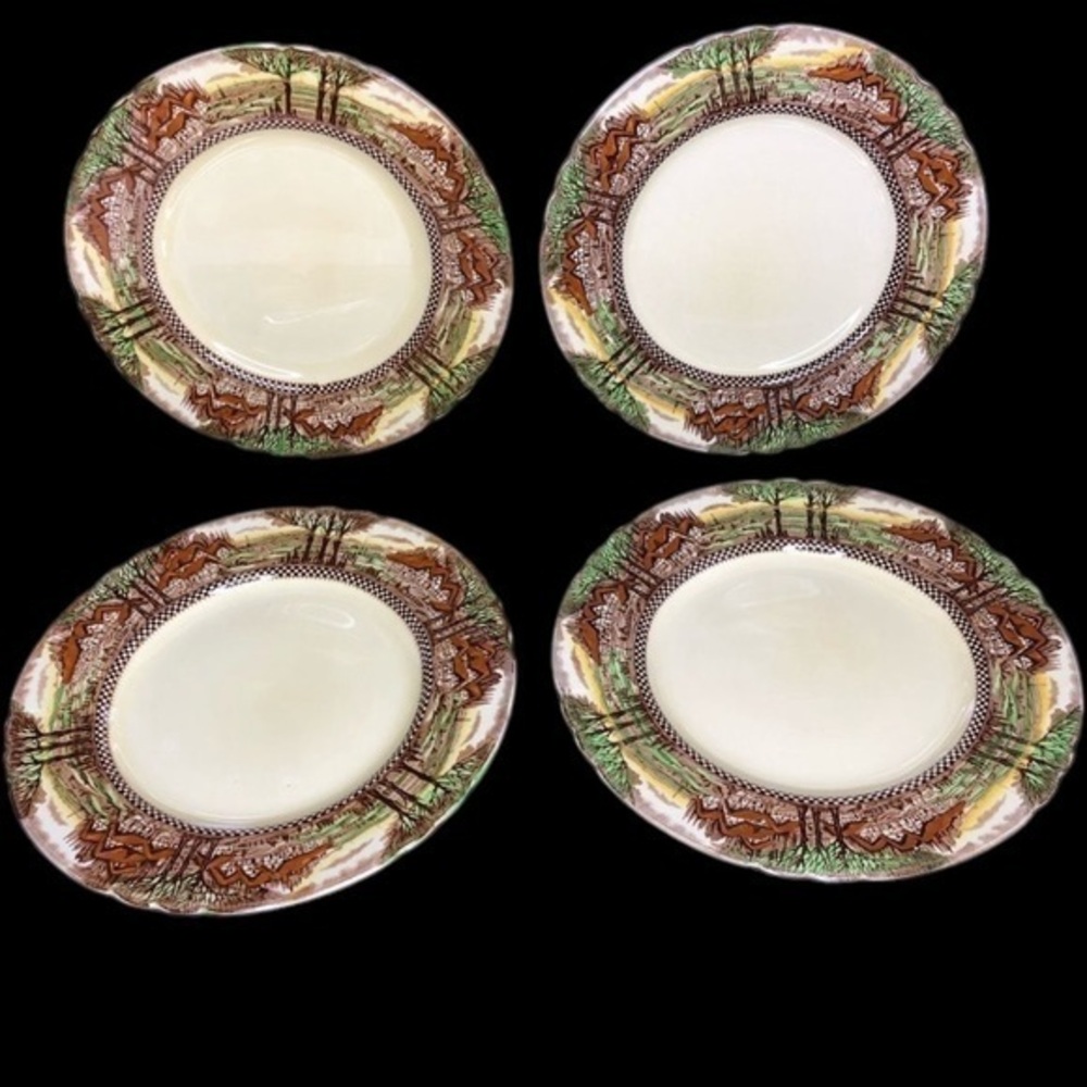 4 VTG Myott Son & Co Staffordshire England Countryside 9 7/8” Dinner Plates CRAZ